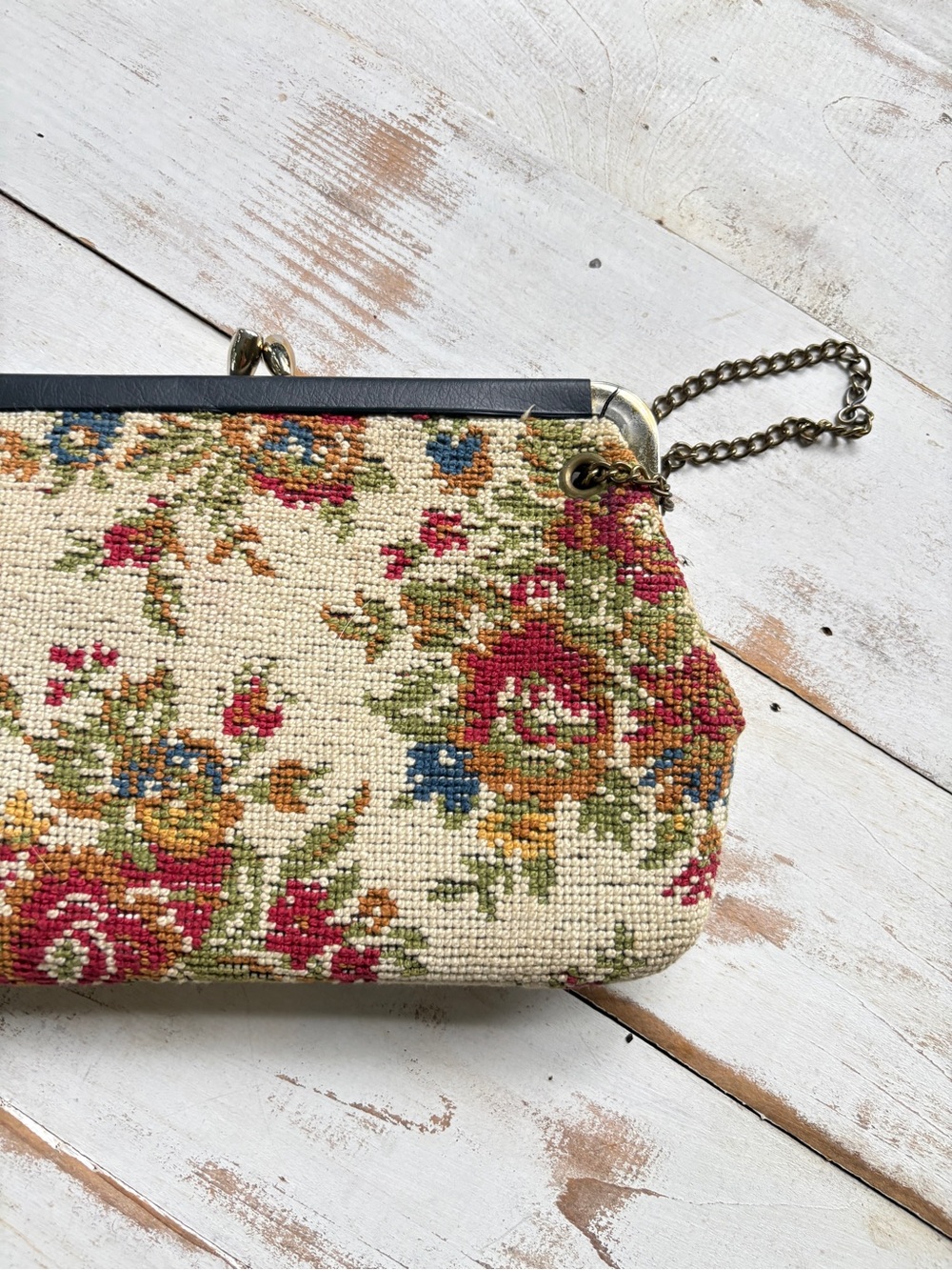 Mid Century vintage floral needlepoint handbag purse wristlet USA cottagecore